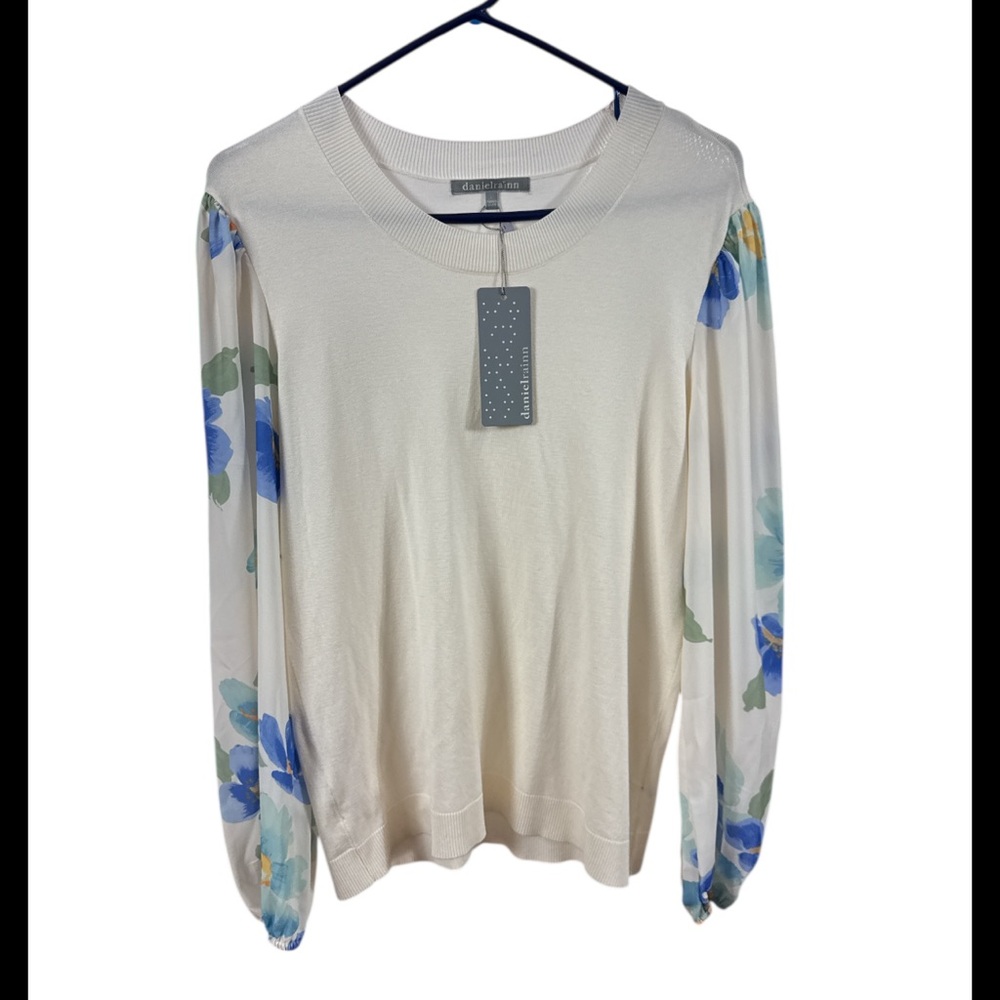 NWT Daniel Rainn Floral Puff Sleeve Mixed Media Sweater size large - Picture 2 of 7